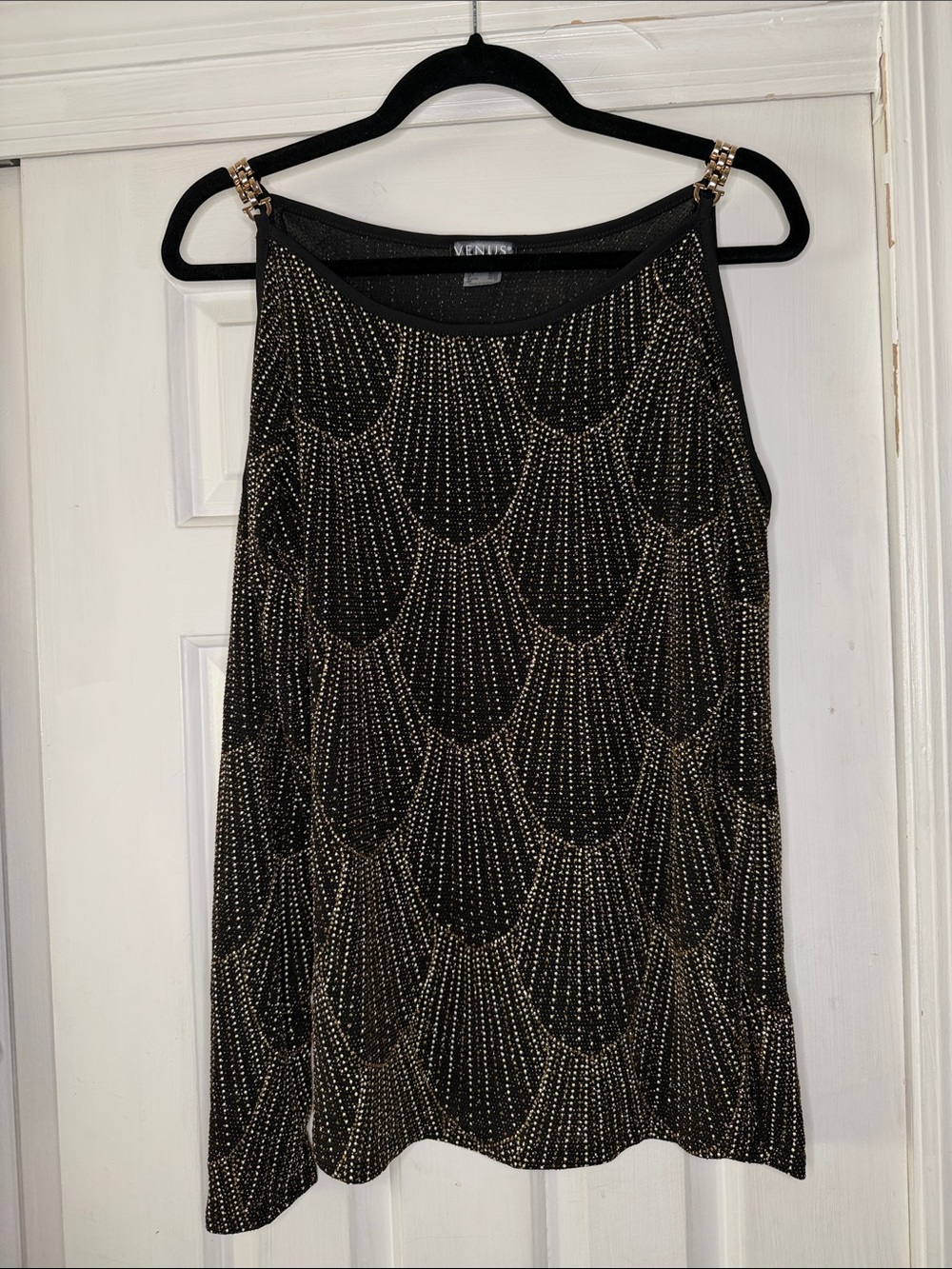 VENUS Black with Gold Sparkle Scallop Design Cold Shoulder Top